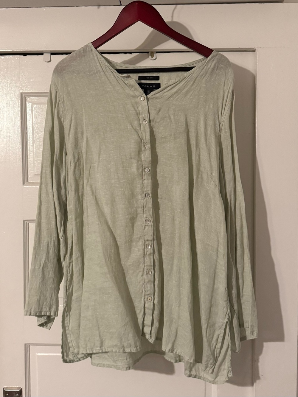 Tahari 100% Linen Sage Green Button Front Tunic 2X